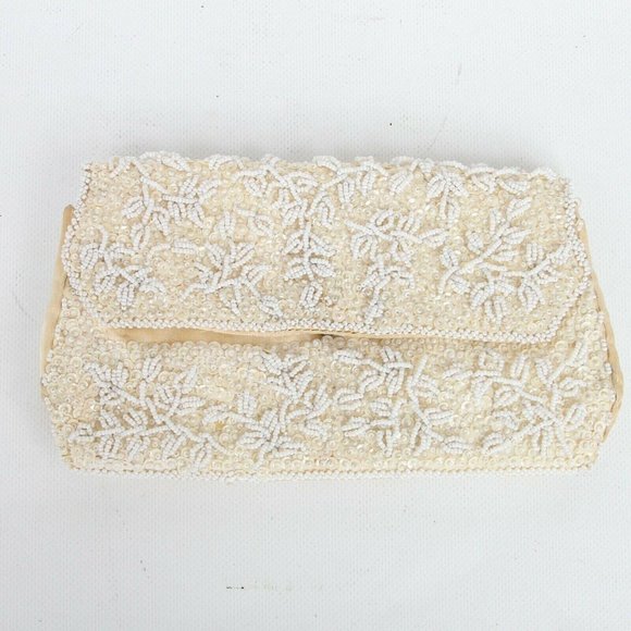 Vintage La Regale Ltd Beaded Beige/Ivory Foldover Clutch Handbag Purse Evening - Picture 3 of 8